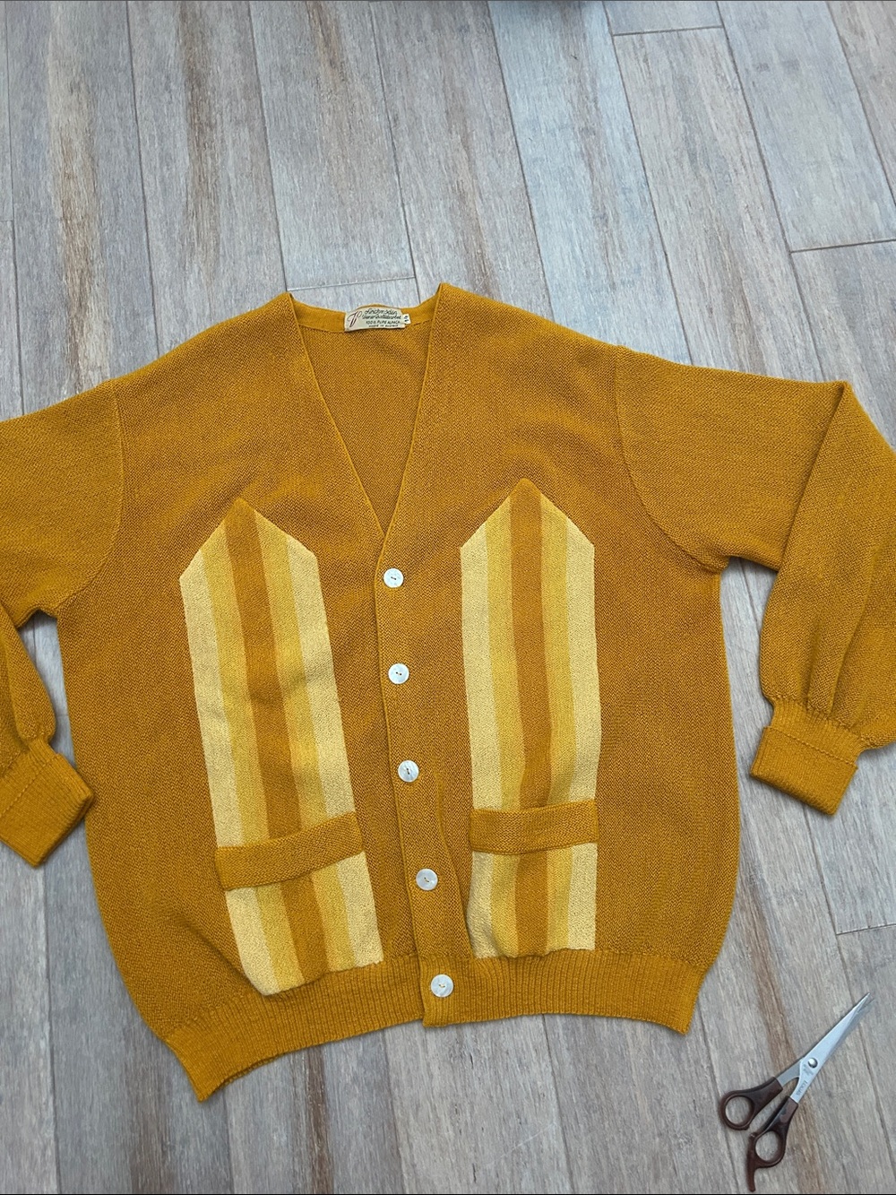 VTG Austrian Alpaca Mustard Yellow Striped Pocket Cardigan unisex Large